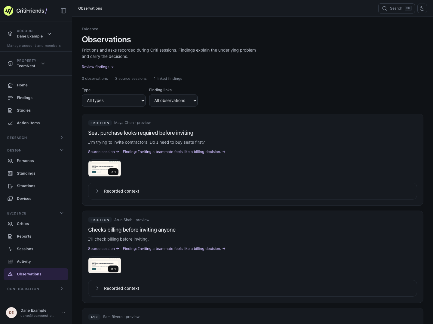 Observations screen listing frictions and asks from the TeamNest sessions