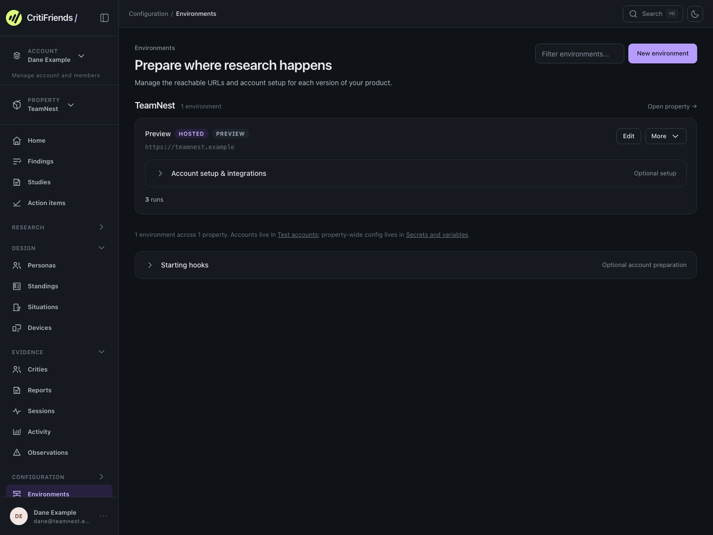 TeamNest in the Critical Friends workspace with its reachable environment and first intent